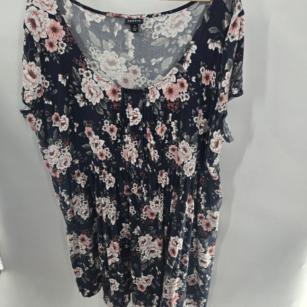 Torrid Navy Blue Floral Challis Scoop Neck Skater Mini Dress 3/3x